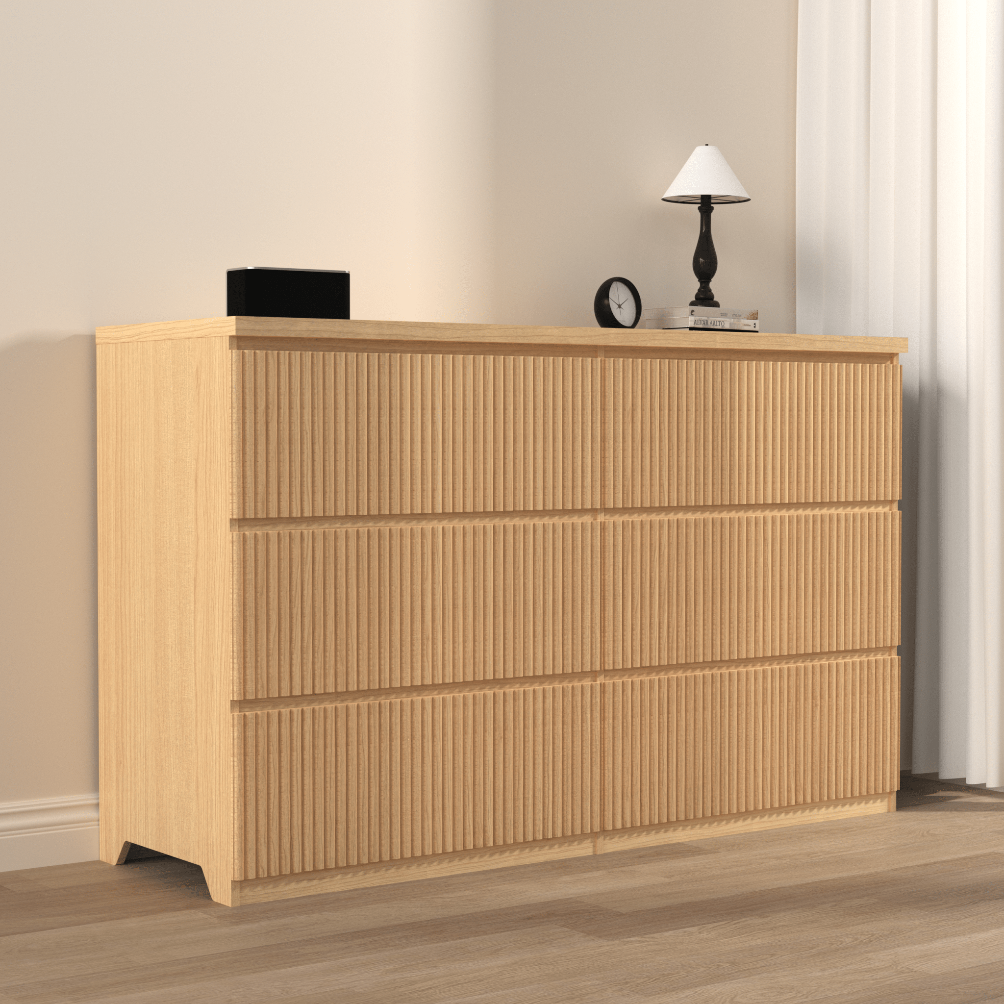 Modern Natural Wood 6 Drawer Dresser, Wave Panel Drawer Fronts, Storage Cabinet, Versatile Chest Of Drawers For Bedroom, Living Room - Sleek & Spacious Home Storage Solution - Noventis Home