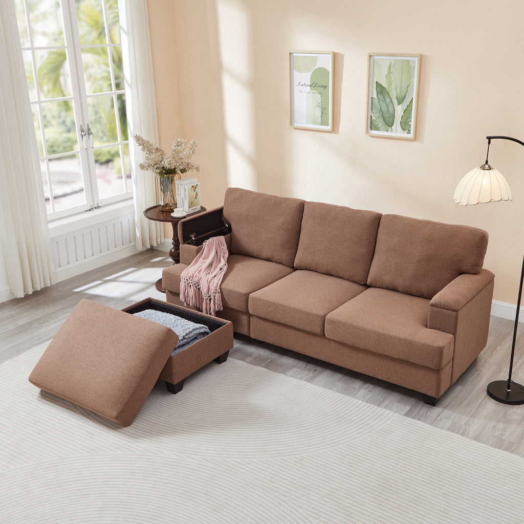 86'' L Shaped Couch With Armrest Organizer,3 Seats Sofas With Movable Ottoman,Comfy Sectional Sofa With Thick Cushion,Linen Sectional Couches For Living Room,Bedroom,Apartment,Brown - Noventis Home