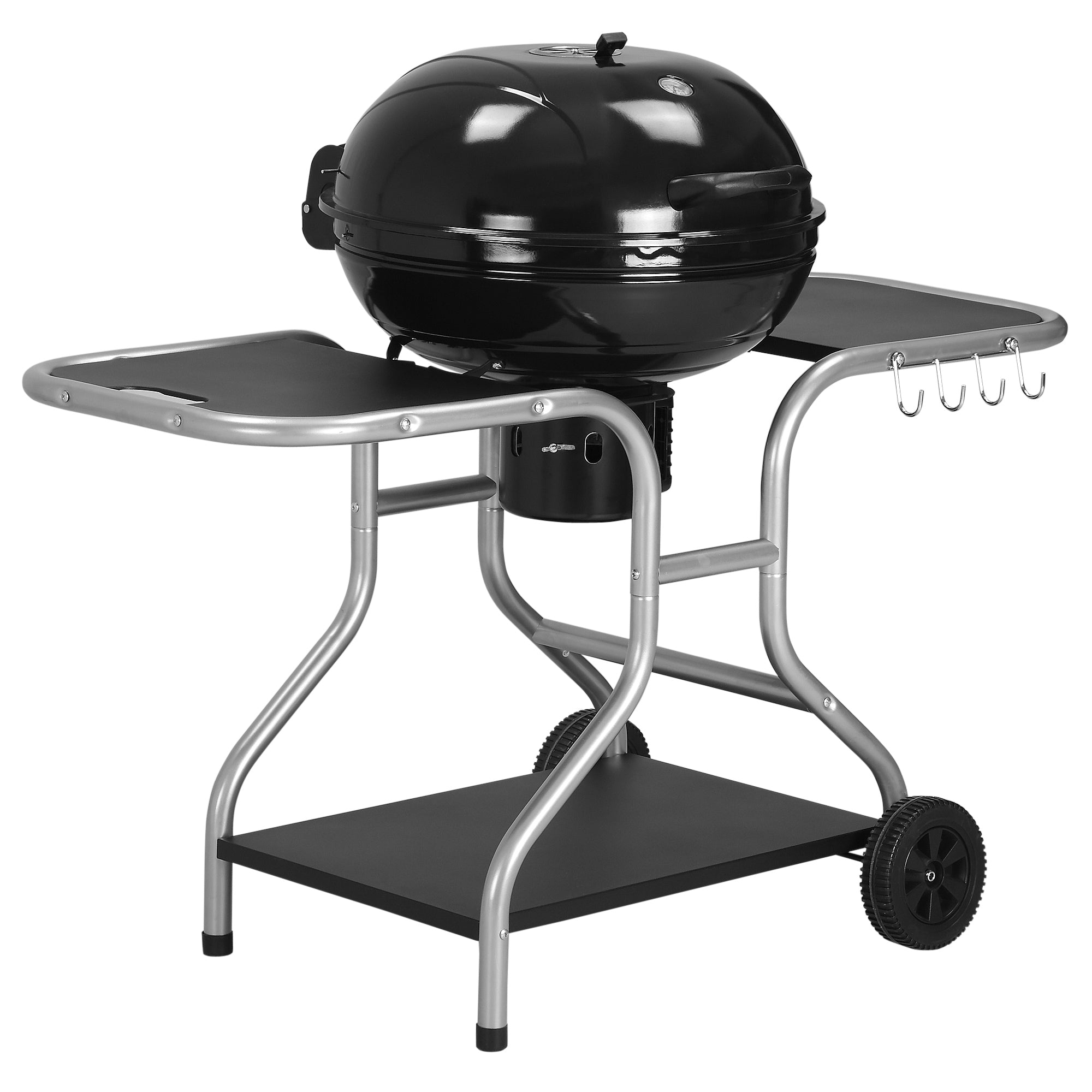 Portable Charcoal Kettle Grill Outdoor Barbecue Trolley BBQ Heat Smoker Grilling With 2 Wheels, Storage Shelf And 4 Hooks, Free Standing, Black - Noventis Home