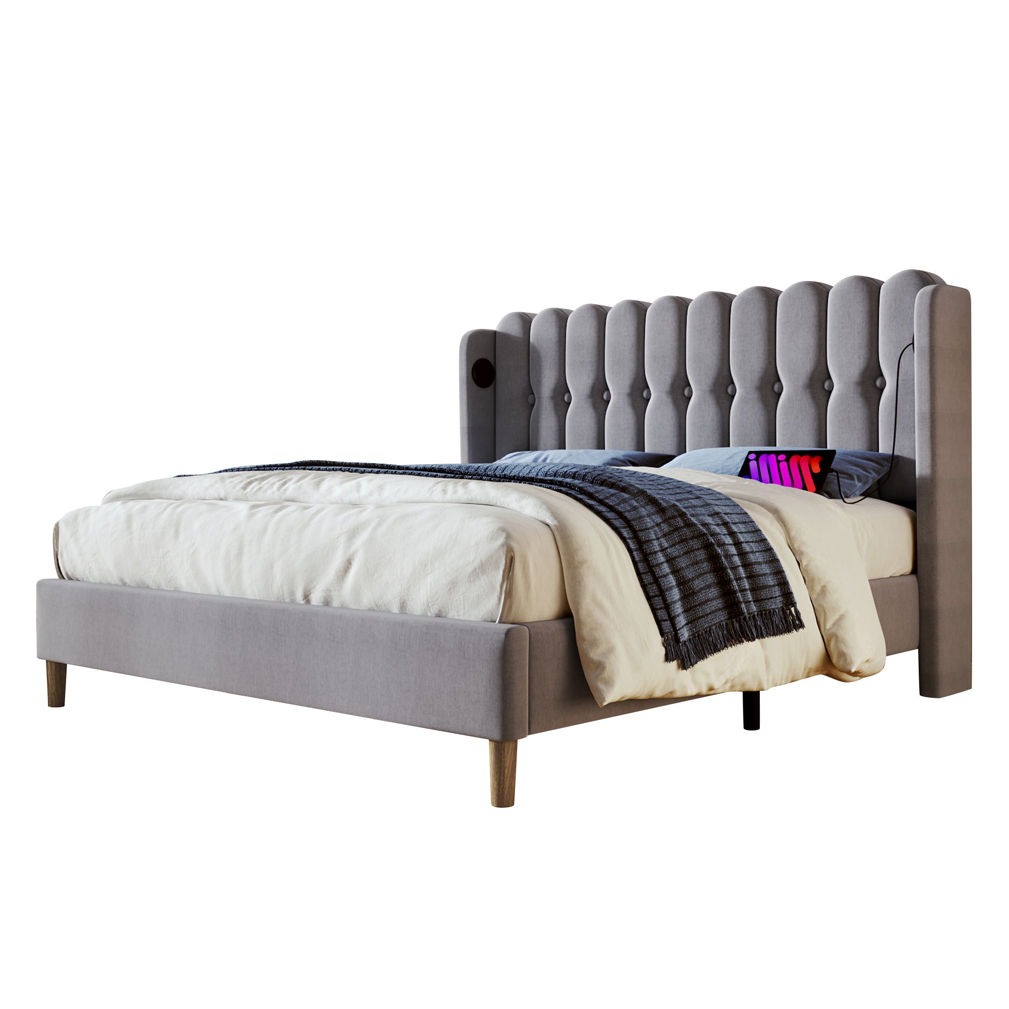 Upholstered Double Bed With USB And Type - C Charging, Bed Frame With Wooden Slatted Frame, Teenager Bed For Bedroom & Guest Room,4ft6 135 X 190 Cm Bed Frame, Grey, Linen Material - Noventis Home
