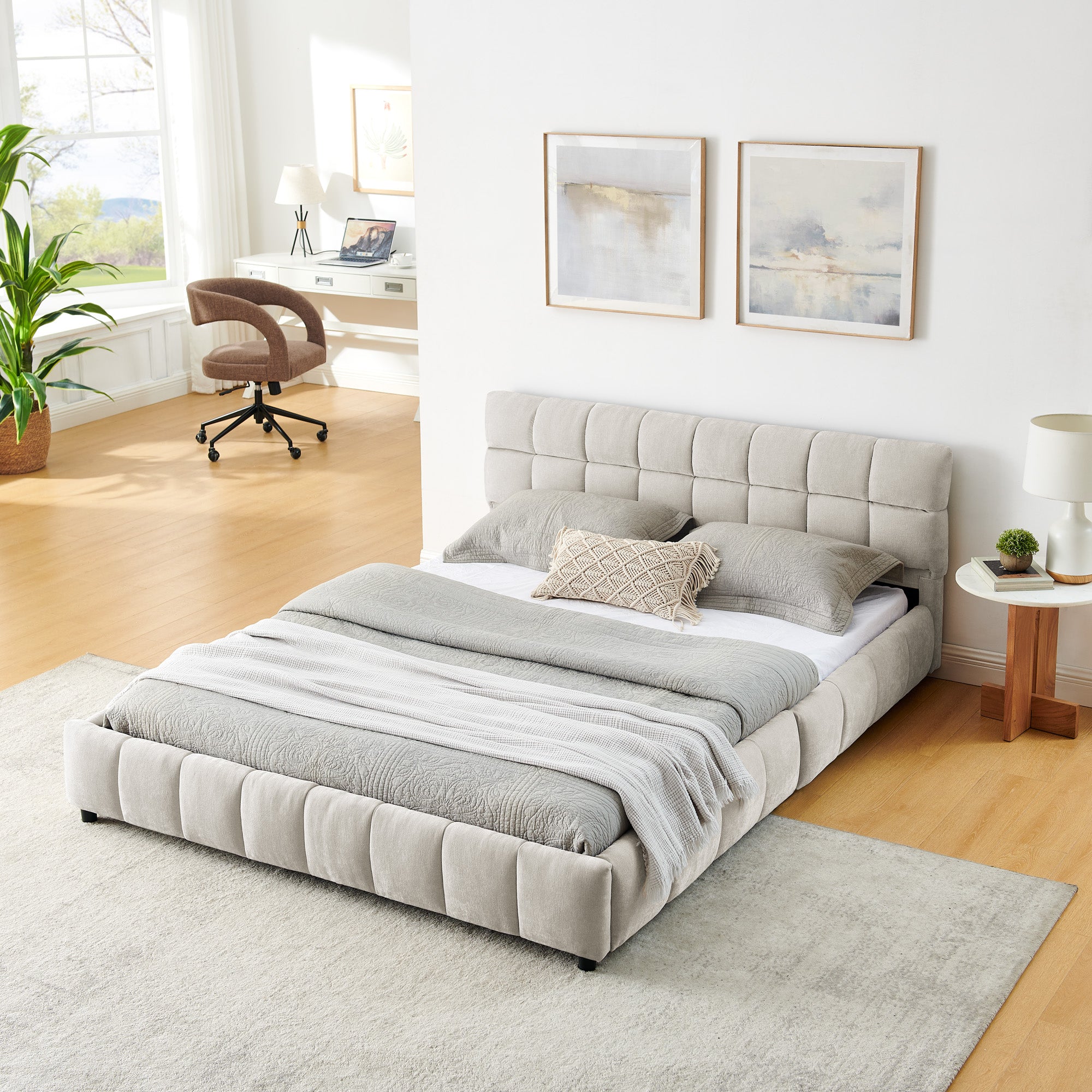 Gestoffeerd Queensize Bed, Comfortabel Bedframe van Chenille Stof met Hoofdeinde en Lade voor Opbergruimte, Beige - Noventis Home