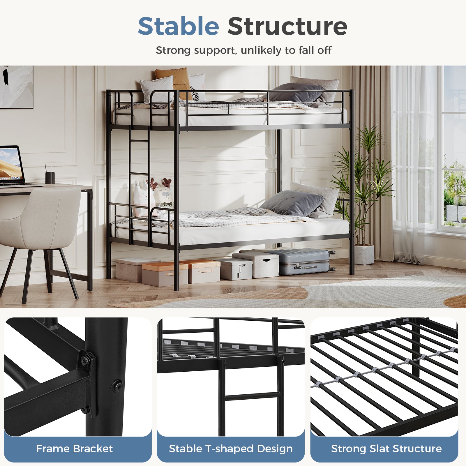 Metal Double - layer Bed With Stairs And Safety Railings, Sturdy Steel Frame, No Need For A Mattress, Double - layer Bed That Saves Space - Noventis Home