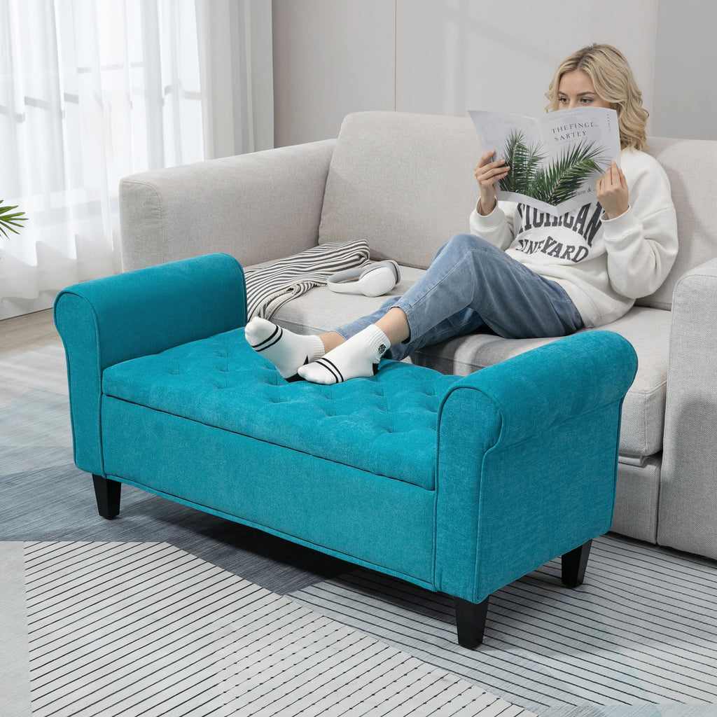 50 Inches Storage Ottoman, End of Bed Bench with Rolled Arms, Wood Legs, Button Tufted Storage Bench, Teal - Noventis Home