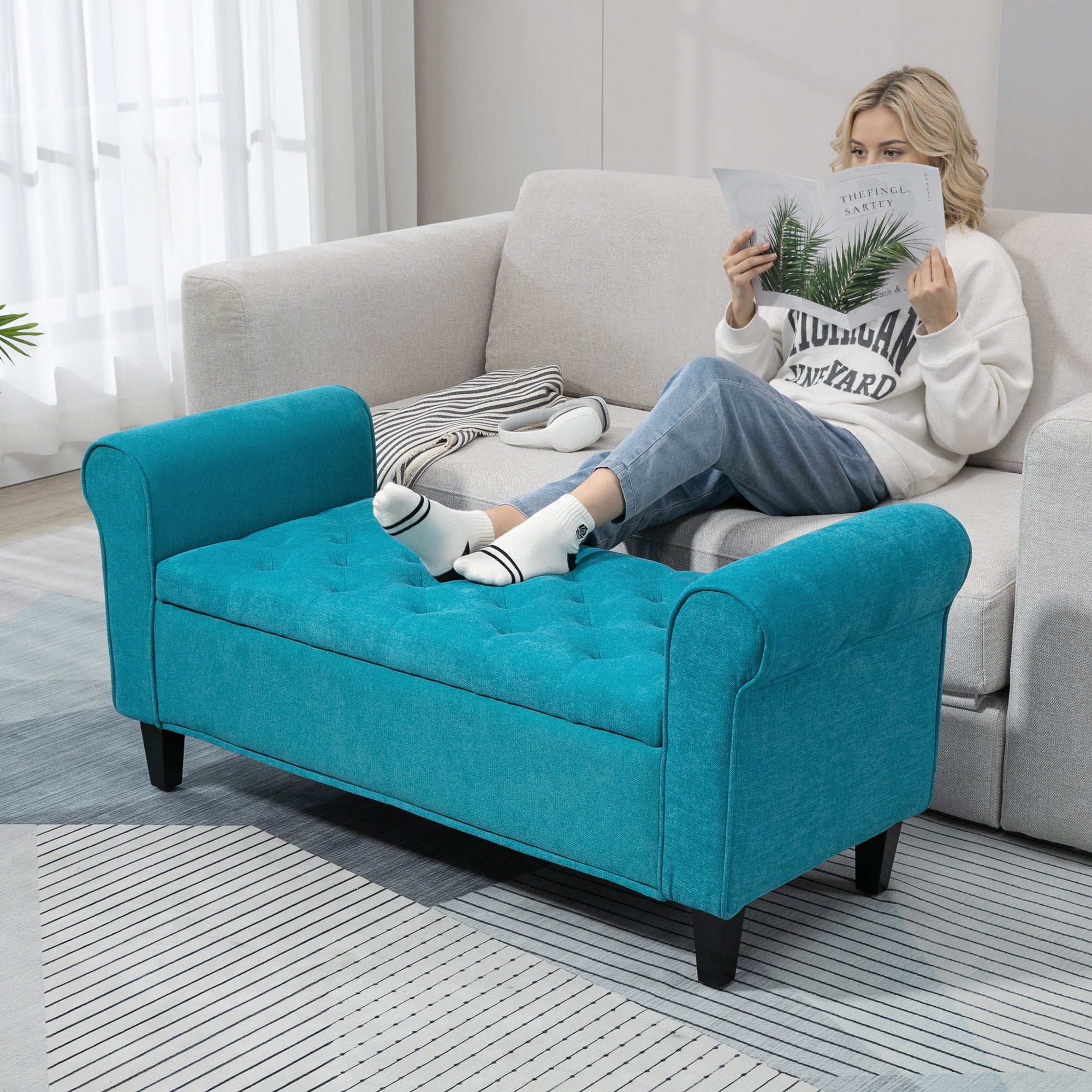 50 Inches Storage Ottoman, End of Bed Bench with Rolled Arms, Wood Legs, Button Tufted Storage Bench, Teal - Noventis Home
