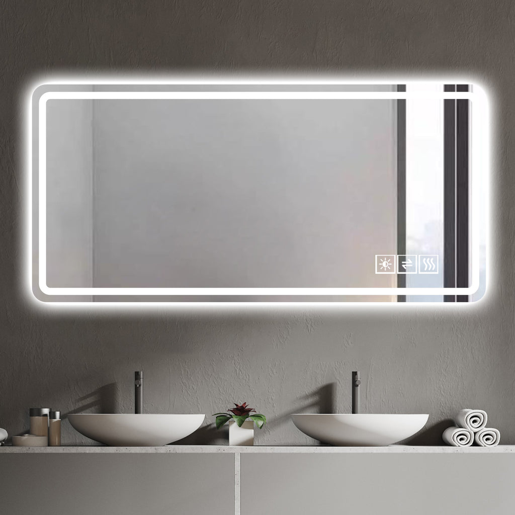 60X28 Inch LED Bathroom Mirror Vanity Mirrors With Front Lights Wall Mounted Anti - Fog Frameless Make Up Mirror With Light 5 Mm Silver Mirror Horizontal - Noventis Home