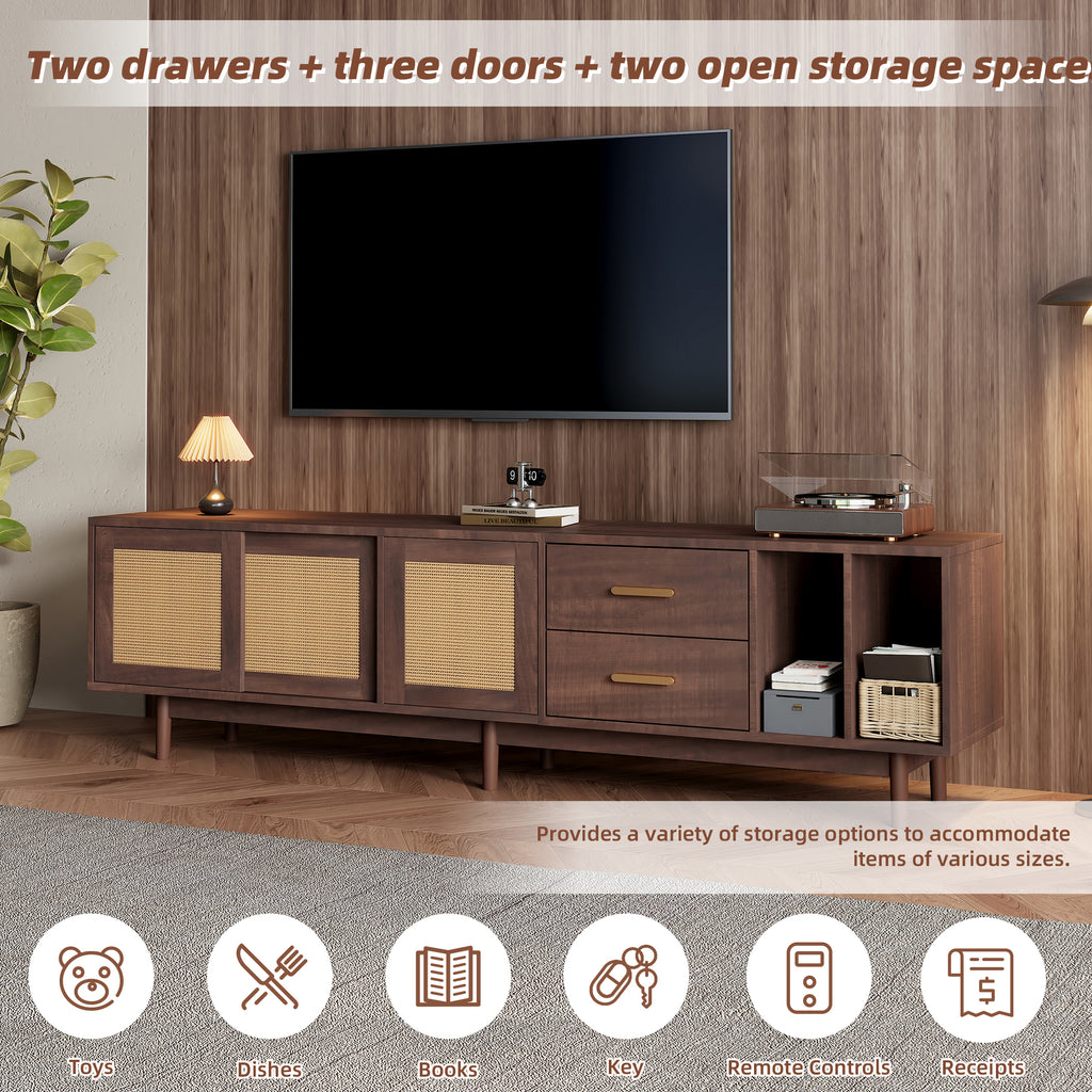 TV Stand Cabient With 2 Drawers, Sliding Doors With Rattan Design, TV Cabinet Sideboard, TV Entertainment Center For Livingroom Bedroom, TV Console, 190x40x52cm, Dark Wood, For Up To 80 Inch TV - Noventis Home