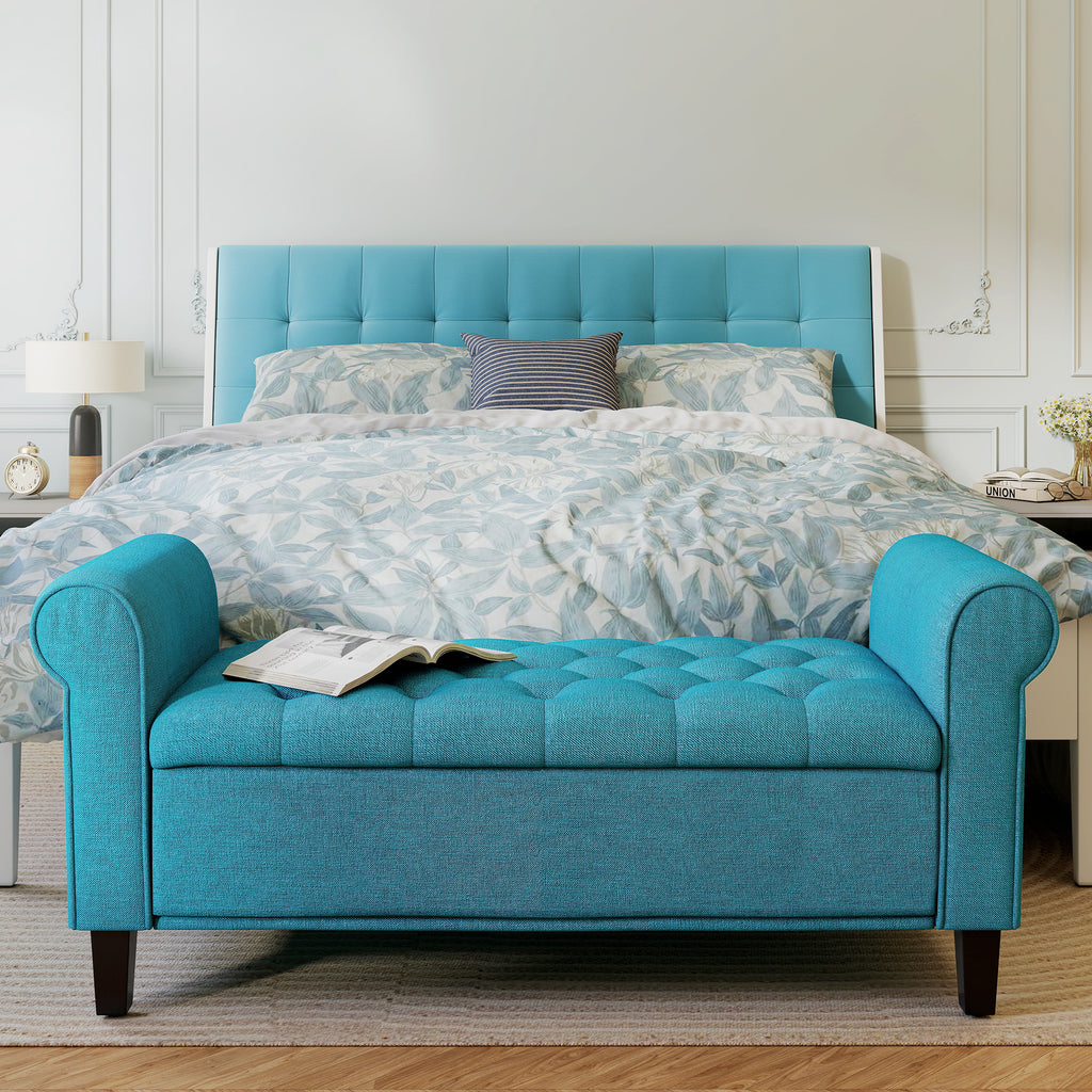 50 Inches Storage Ottoman, End of Bed Bench with Rolled Arms, Wood Legs, Button Tufted Storage Bench, Teal - Noventis Home