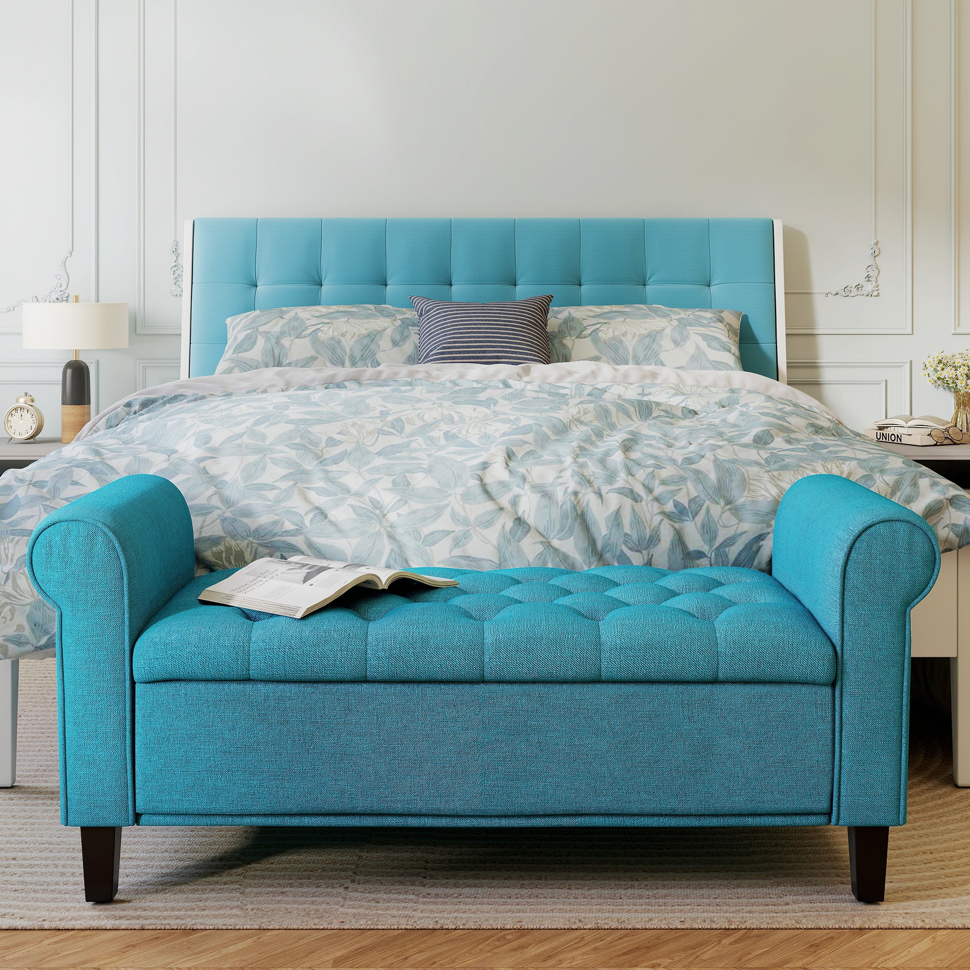 50 Inches Storage Ottoman, End of Bed Bench with Rolled Arms, Wood Legs, Button Tufted Storage Bench, Teal - Noventis Home