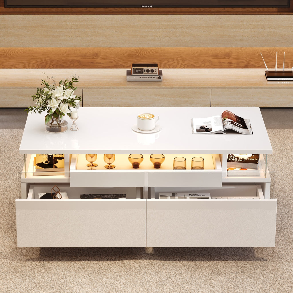 Hoogglans Salontafel met 2 Lades, LED - verlichting en Uitschuifbaar Dienblad, 90x45x35,5cm, Wit - Noventis Home