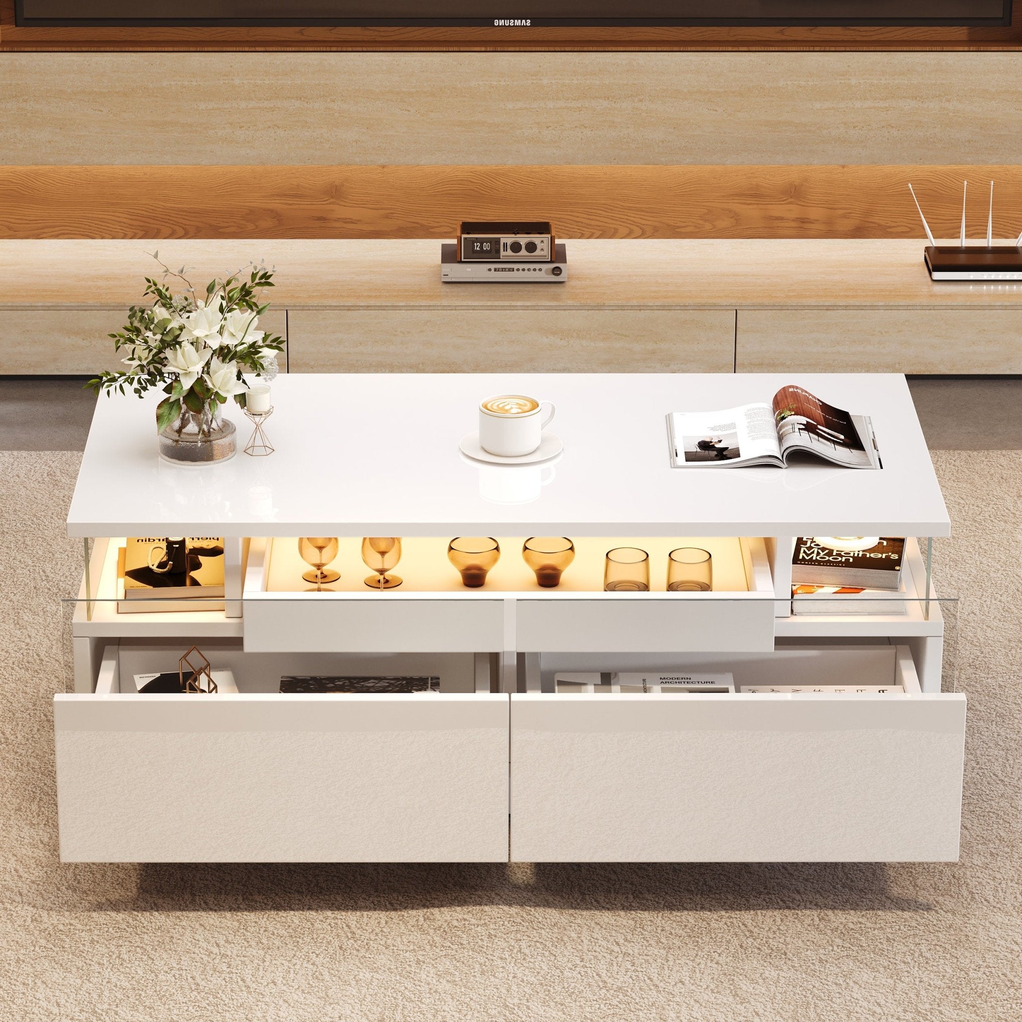 Hoogglans Salontafel met 2 Lades, LED - verlichting en Uitschuifbaar Dienblad, 90x45x35,5cm, Wit - Noventis Home