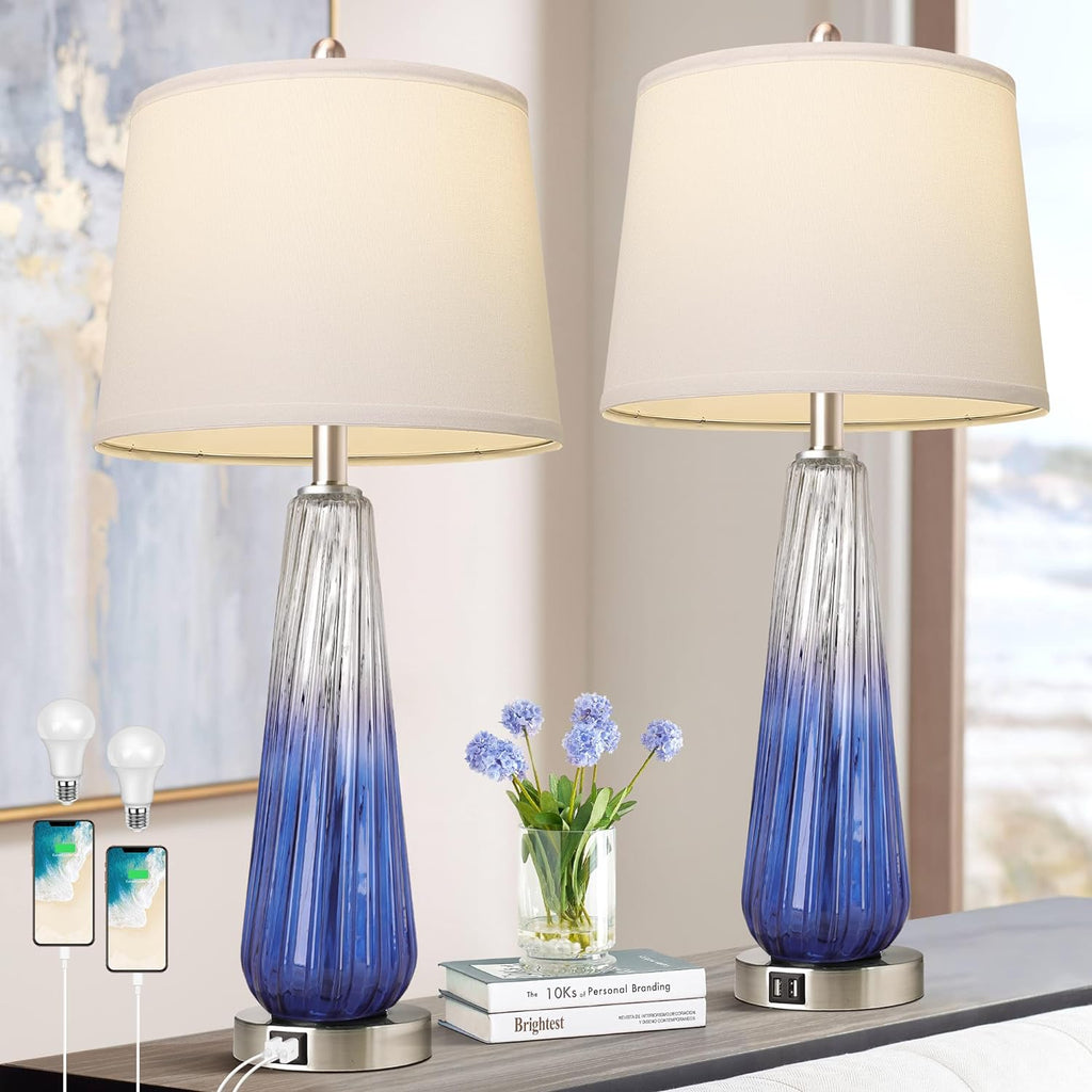 Table Lamps Set Of 2 With Touch Control, 3 - Way Dimmable Modern Glass Bedside Lamps With USB A C Ports, Nightstand Lamp With White Fabric Shade, 27.5 Large Lamps For Living Room Bedrooms Decorations - Noventis Home