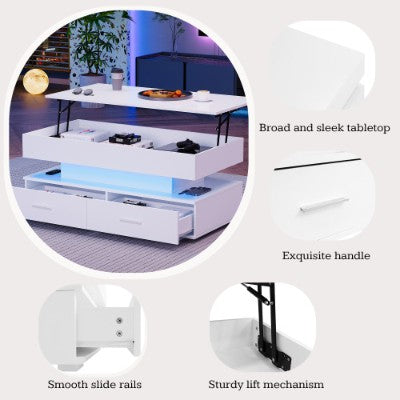 Salontafel met Hydraulisch Opklapbaar Blad en LED-verlichting, 2 Lades en Opbergruimte voor Woonkamer, Wit
