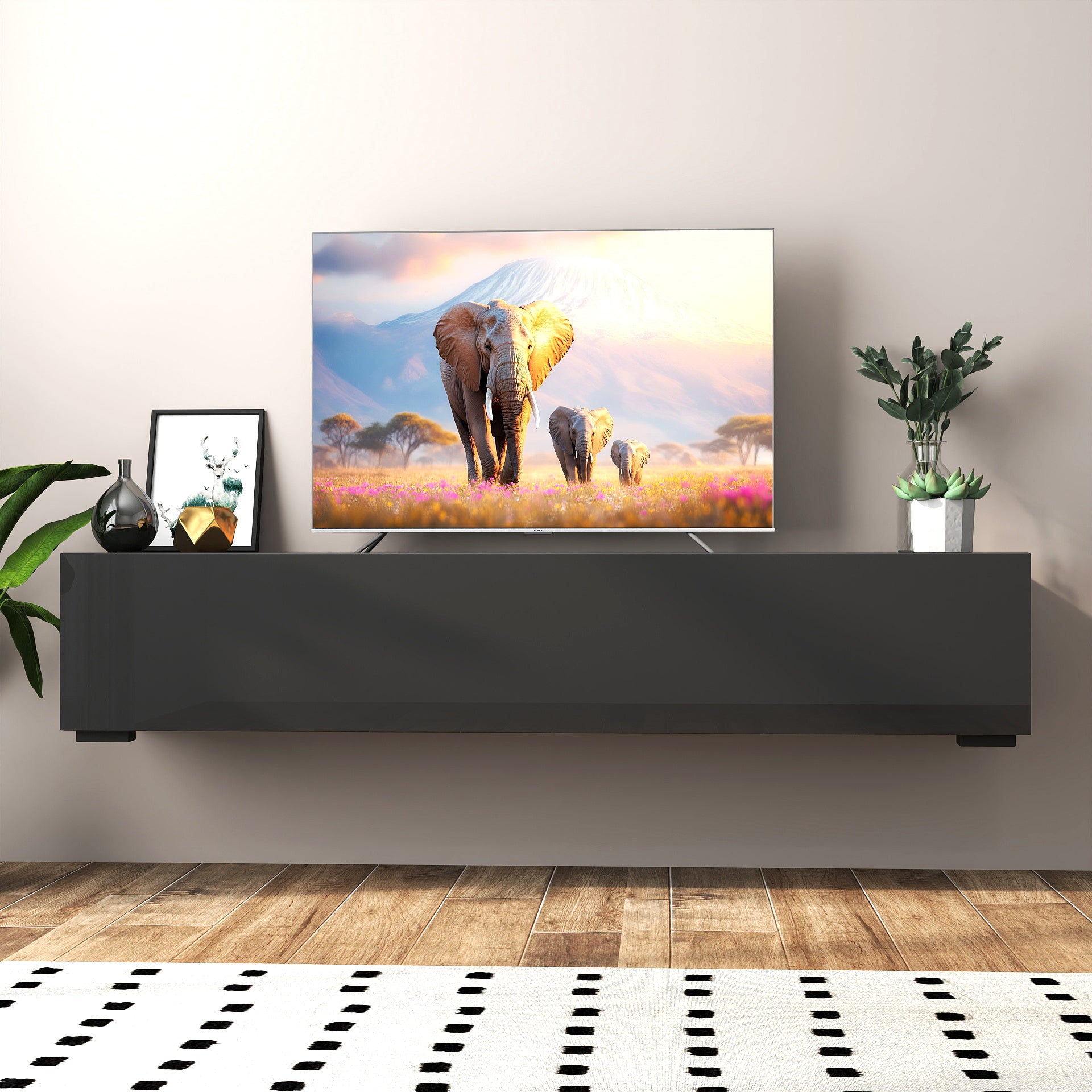 Modern Zwevend TV - meubel met Opbergruimte, 160cm, Zwart - Noventis Home