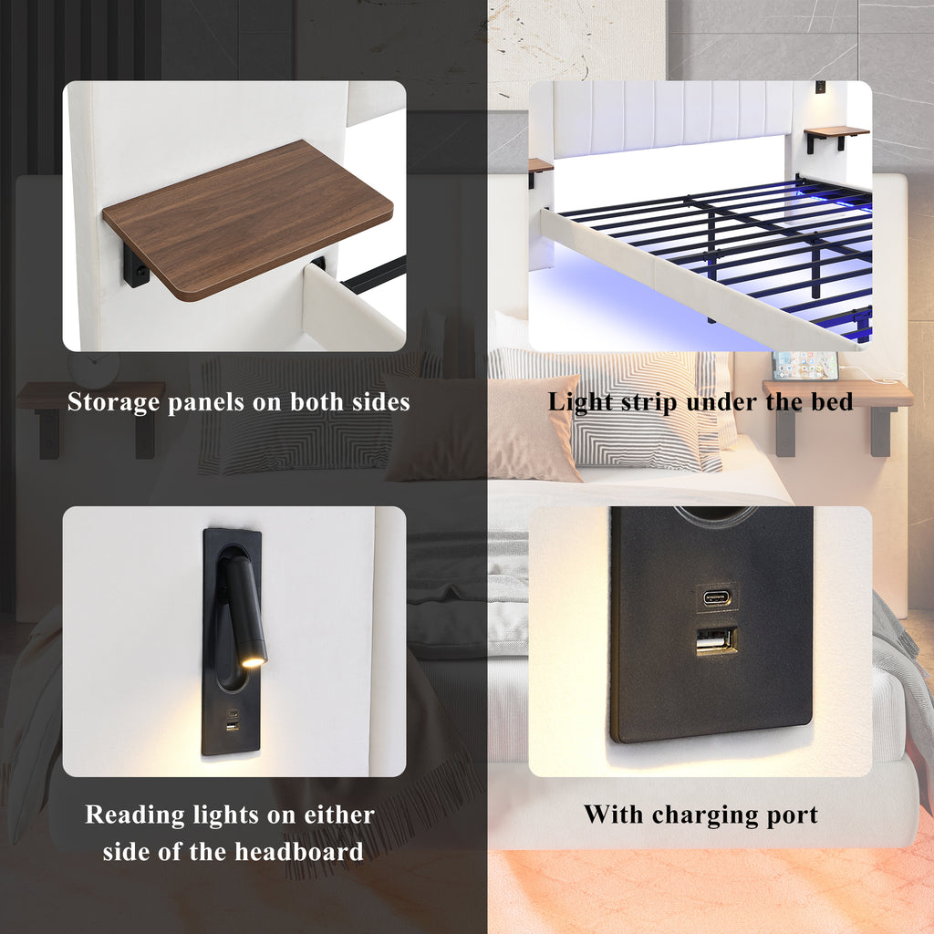 Upholstered Bed, Adults Teenagers King Bed 150x200cm, 2 Bedside Lamps, Headboard Storage Function, With Charging Socket, With Light Strip Under The Bed,Soft Headboard, Velvet - Iron, White - Noventis Home