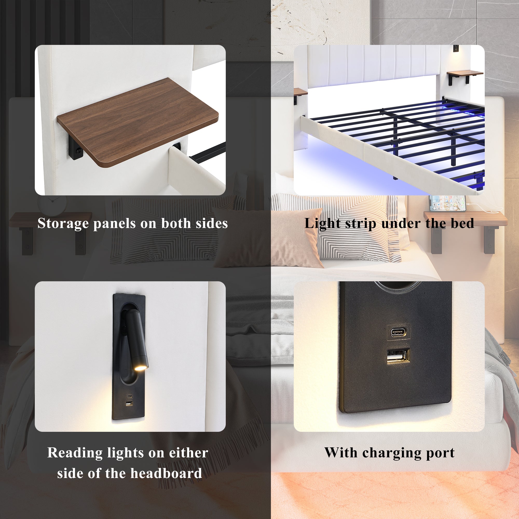 Upholstered Bed, Adults Teenagers King Bed 150x200cm, 2 Bedside Lamps, Headboard Storage Function, With Charging Socket, With Light Strip Under The Bed,Soft Headboard, Velvet - Iron, White - Noventis Home