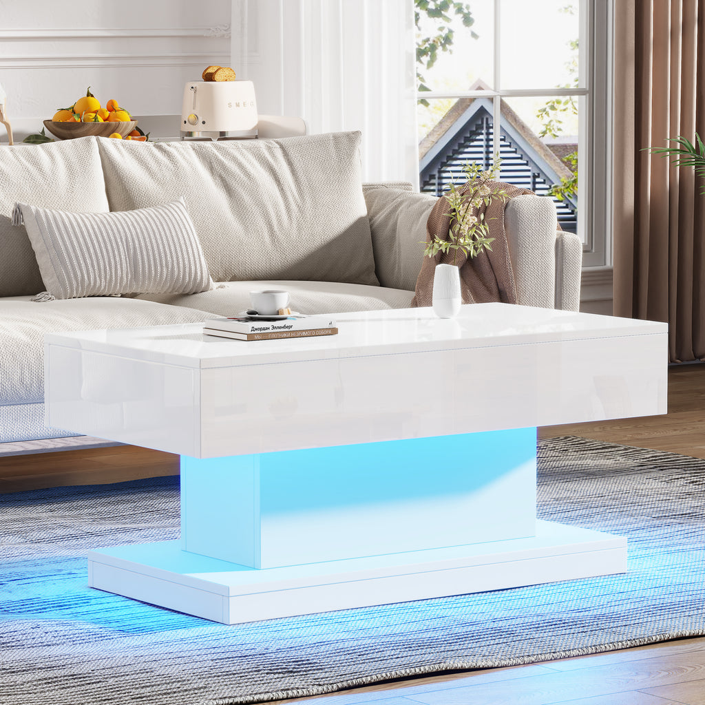 Hoogglans Salontafel met 2 Lades en LED-verlichting, Moderne Woonkamertafel, 100x50x45 cm, Wit