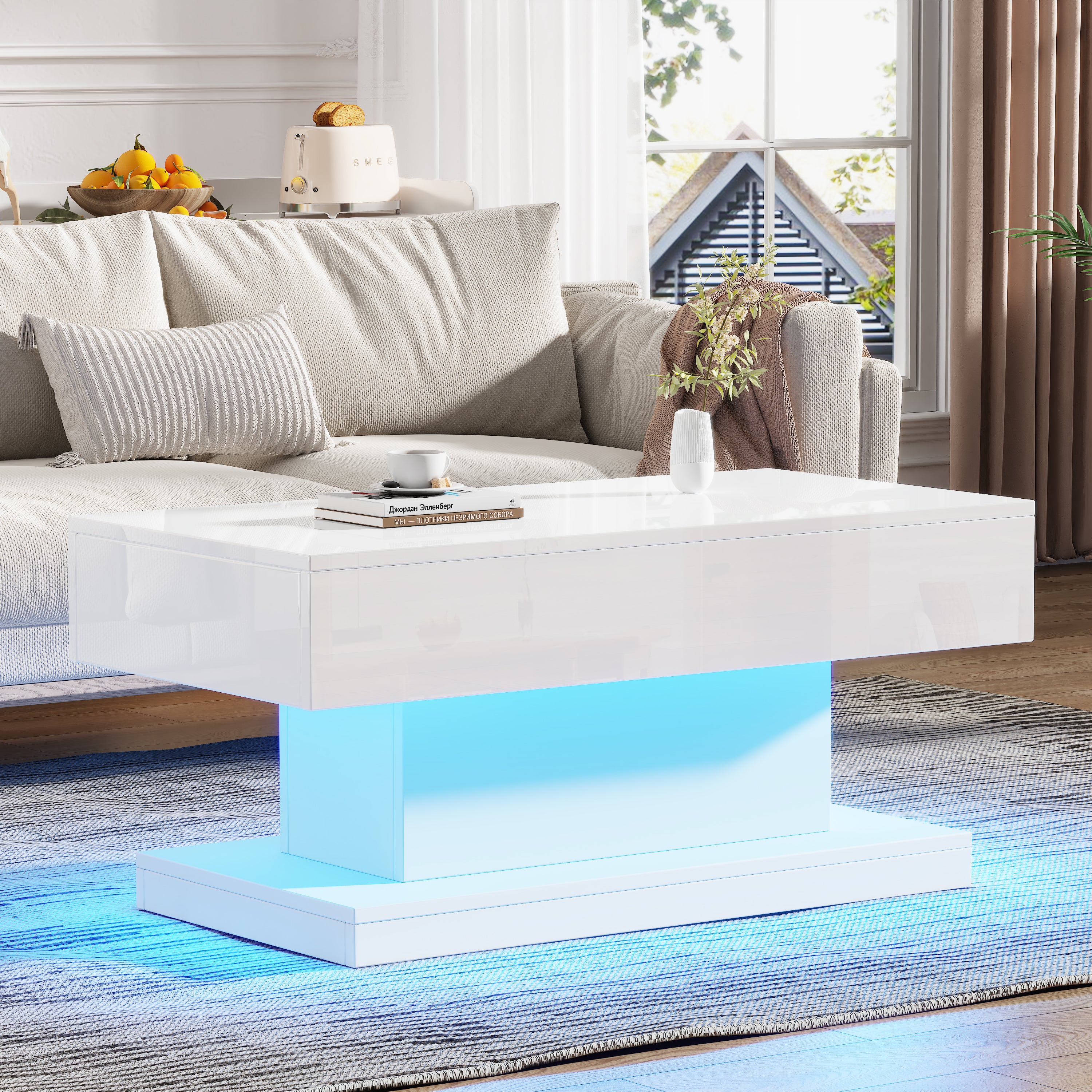 Hoogglans Salontafel met 2 Lades en LED-verlichting, Moderne Woonkamertafel, 100x50x45 cm, Wit