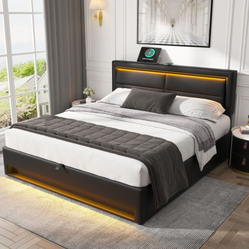 Gestoffeerd Bed 135 x 190 cm, Tweepersoons, met USB - oplaadpoort (Draadloos en Bedraad), LED - verlichting en Opbergruimte, Zonder Matras, PU Lychee Design, Zwart - Noventis Home