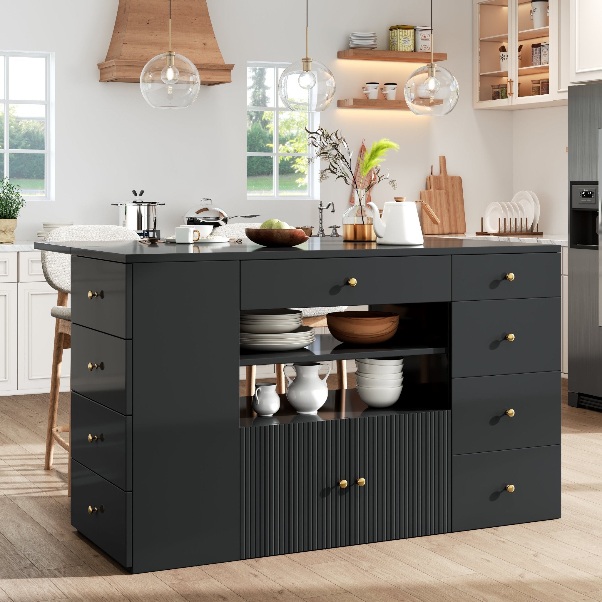 Adjustable Kitchen Island With Bar Stools - Sideboard & Cabinet With 6 Drawers, Width 140 - 70cm, White Black - Noventis Home