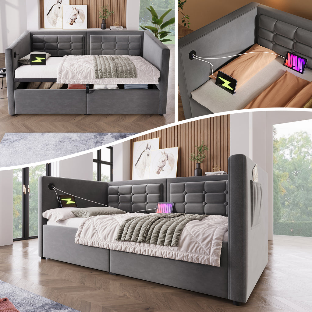 Daybed Upholstered Bed 90 X 190 Cm, 3FT Single Sofa Bed With USB &Type - C Charging Station, Hydraulic Storage Bed For Living Room And Bedroom, Velvet, Grey No Mattress - Noventis Home