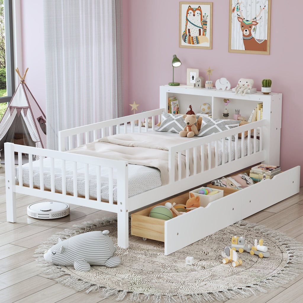 Twin Size Bed With Headboard Storage Rack, Two Under - Bed Drawers, Three - Side Guardrails For Safety And Security,White - Noventis Home