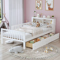 Twin Size Bed With Headboard Storage Rack, Two Under - Bed Drawers, Three - Side Guardrails For Safety And Security,White - Noventis Home