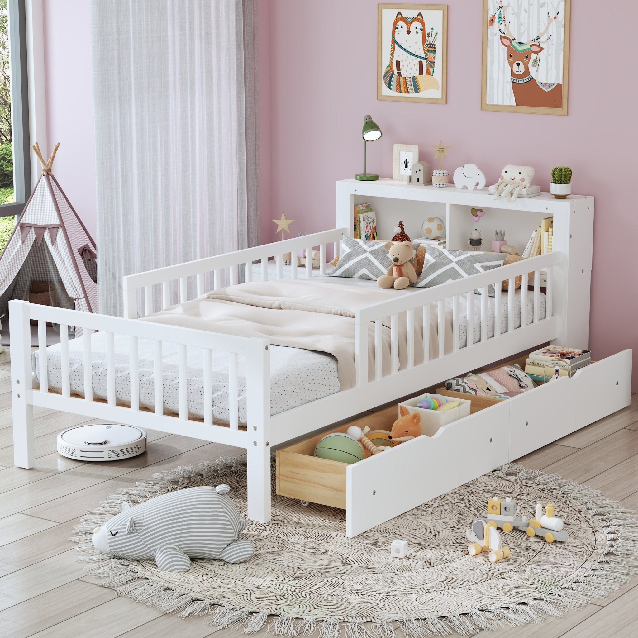 Twin Size Bed With Headboard Storage Rack, Two Under - Bed Drawers, Three - Side Guardrails For Safety And Security,White - Noventis Home