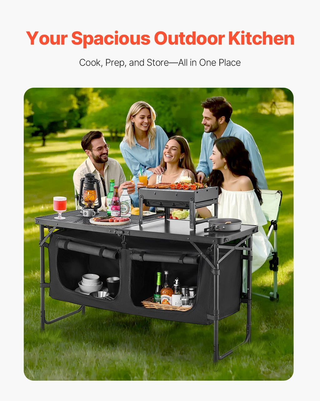 Camping Kitchen Table Folding Portable Outdoor Cook Station 3 Adjustable Height - Noventis Home