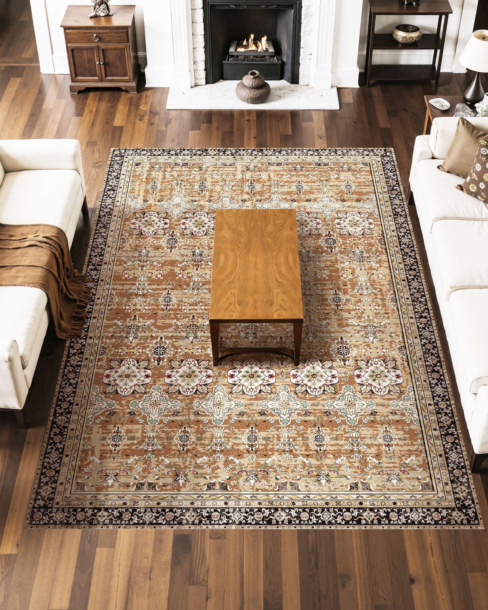 Area Rug, 7.5 X 9.5 Ft Large Washable Rug, Non - Slip And Tear - Resistant Soft Carpet, Pet & Child Friendly Vintage Area Rugs, Indoor Mat For Bedroom, Living Room, Office, Entryway, Brown Green - Noventis Home