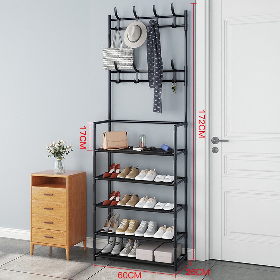 New Coat And Hat Stand 8 Hooks Metal Shoe Rack 5 Tiers Shelf Hanger Black UK - Noventis Home