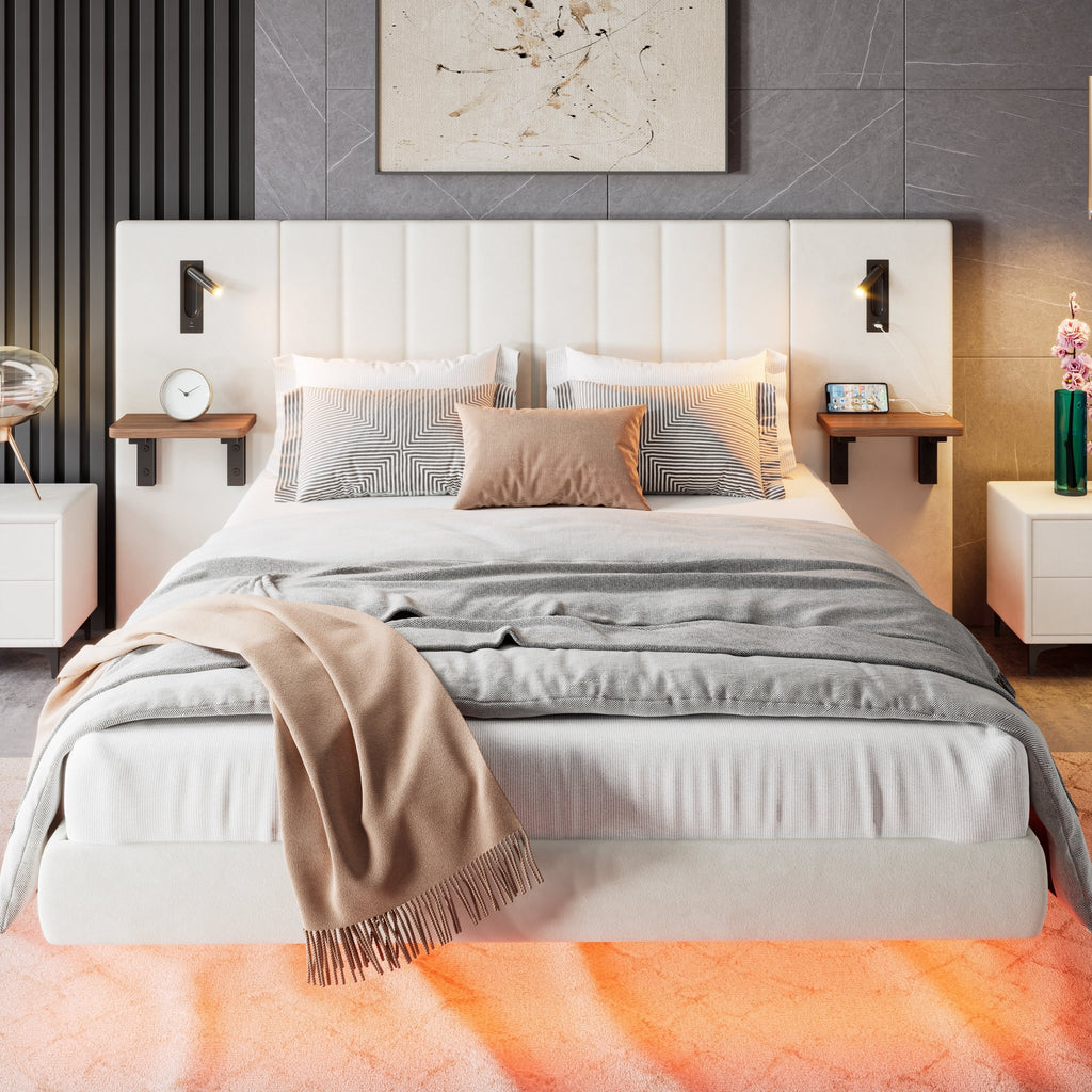 Upholstered Bed, Adults Teenagers King Bed 150x200cm, 2 Bedside Lamps, Headboard Storage Function, With Charging Socket, With Light Strip Under The Bed,Soft Headboard, Velvet - Iron, White - Noventis Home