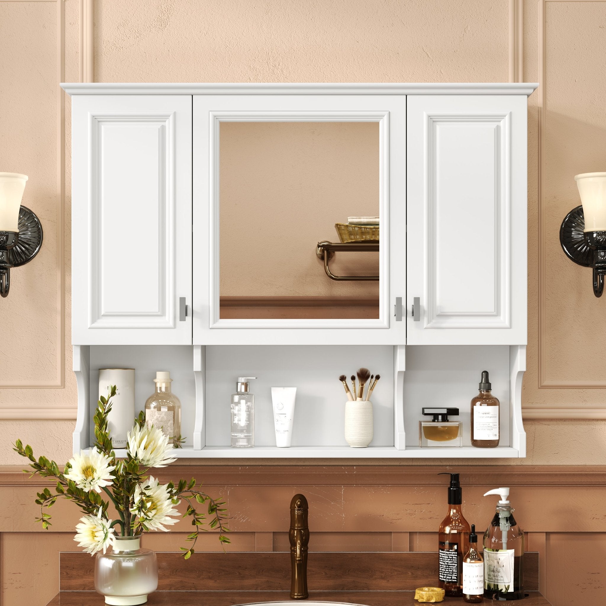 35'' X 28'' Wall Mounted Bathroom Medicine Cabinet, Modern Bathroom Wall Cabinet With Mirror, Mirror Cabinet With Open Shelves - Noventis Home