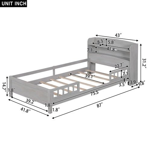 Wood Twin Size Platform Bed With Built - in LED Light, Storage Headboard And Guardrail, Antique Grey - Noventis Home