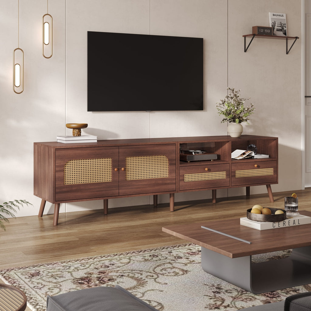 TV Stand Cabient With 2 Drawers, 2 Doors, Rattan Design, TV Cabinet Sideboard, TV Entertainment Center For Livingroom Bedroom, TV Console, 200x37x49.5cm, Dark Wood, For Up To 90 Inch TV - Noventis Home
