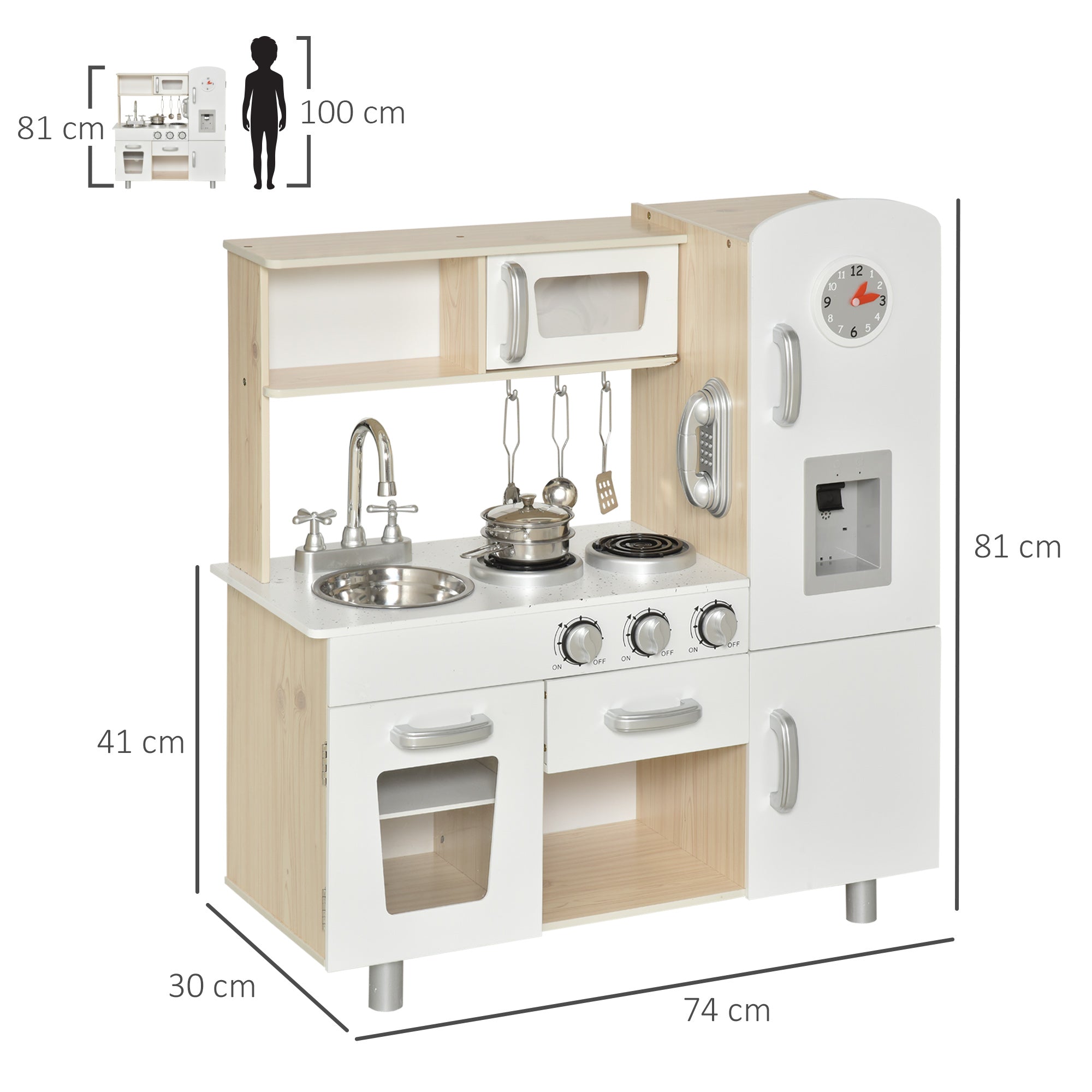 Kids Wooden Pretend Play Toy Kitchen Cooking Set Role Play Phone For Boys Girls White - Noventis Home
