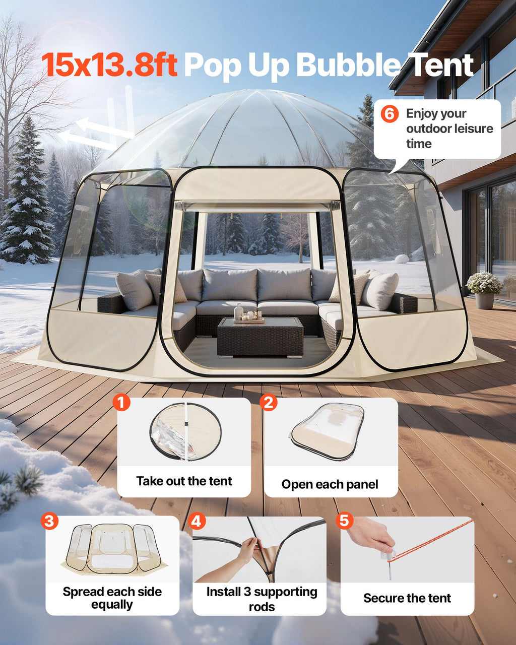 Pop Up Bubble Tent, 15 X 13.8 Ft Waterproof & UV - Resistant, Clear Camping Tent Shelter, Outdoor Garden Dome Igloo Tents With Windows, 540° Panoramic View, For 12 - 15 Persons Patio Backyard - Noventis Home