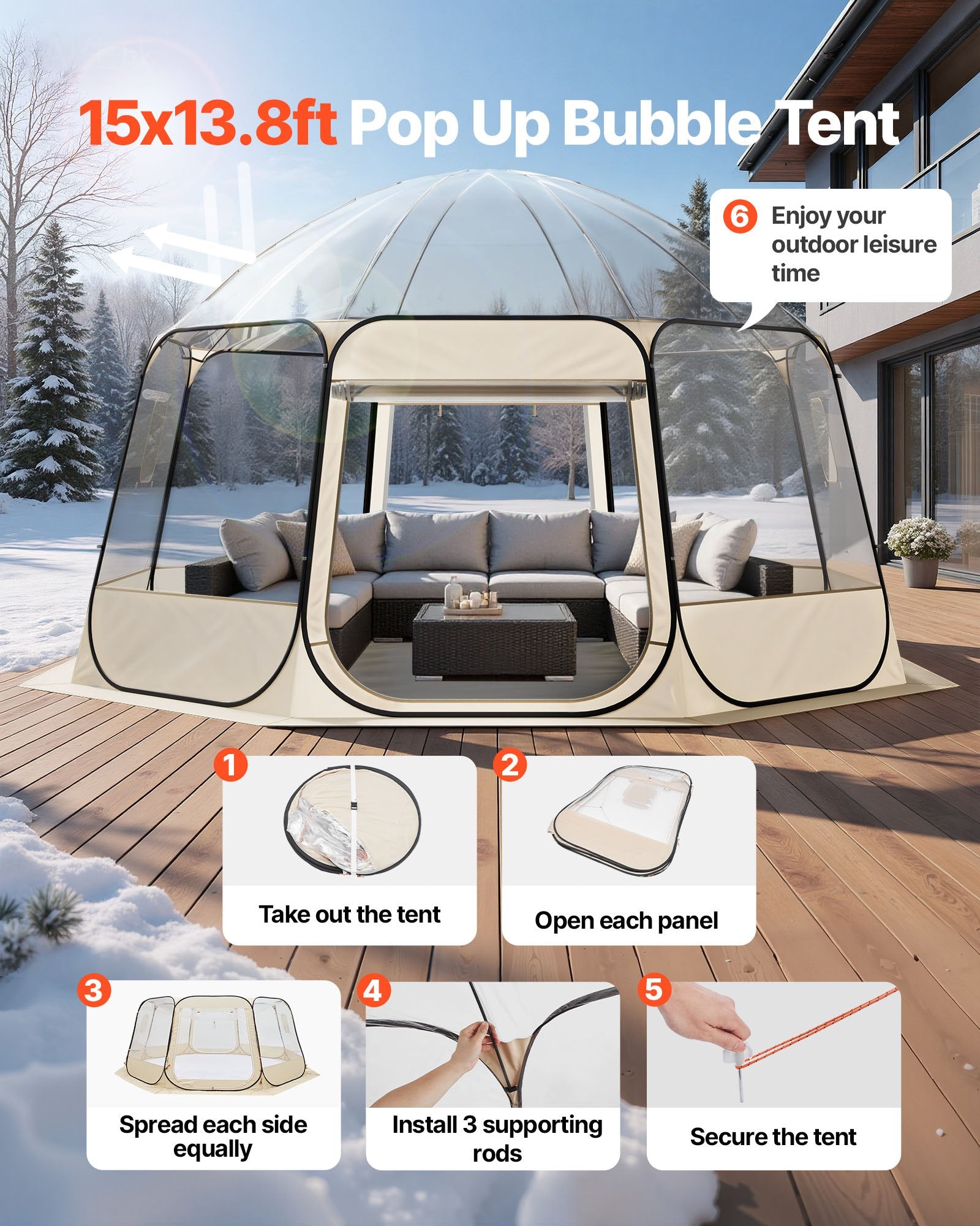 Pop Up Bubble Tent, 15 X 13.8 Ft Waterproof & UV - Resistant, Clear Camping Tent Shelter, Outdoor Garden Dome Igloo Tents With Windows, 540° Panoramic View, For 12 - 15 Persons Patio Backyard - Noventis Home