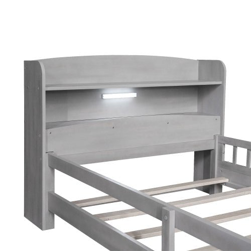 Wood Twin Size Platform Bed With Built - in LED Light, Storage Headboard And Guardrail, Antique Grey - Noventis Home