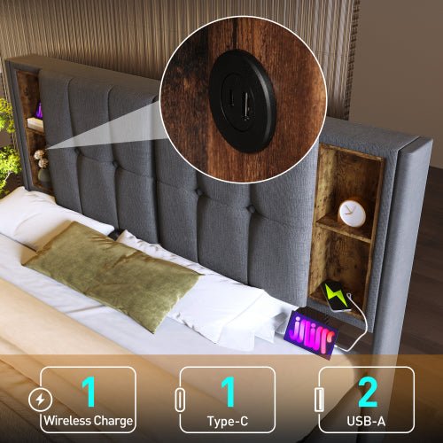 Upholstered Double Bed 150 X 200cm With Wireless Charging USB Tyep - C, Hydraulic Storage Bed With Hydraulic Lever, Linen Fabric 5FT King Size Bed Frame With Large Storage Space,Grey No Mattress - Noventis Home