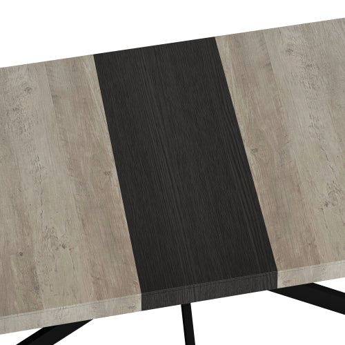 Retro Rechthoekige Uitschuifbare Eettafel, Grijs Tafelblad met Zwart Reliëf Middenpaneel, IJzeren Kruisvoet, Met Opbergvak, 140-180 cm