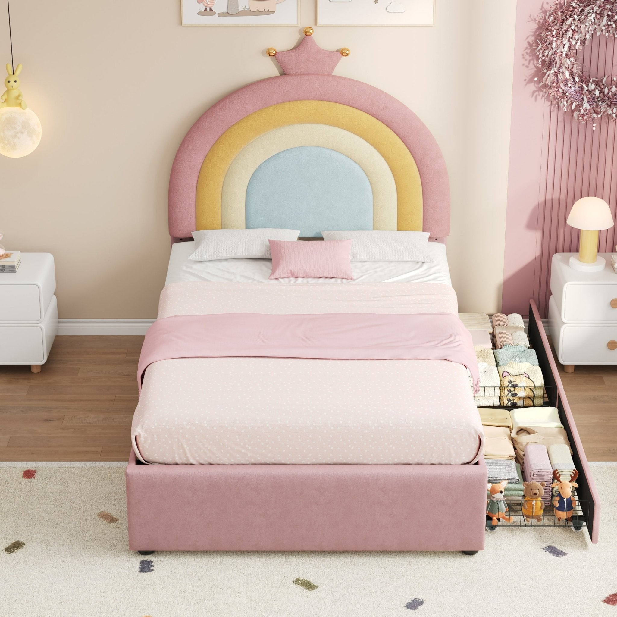 Eenpersoons Gestoffeerd Bed met Verstelbaar Regenboog Kroon Hoofdeinde, Zacht Fluwelen Bedframe met Opbergladen, Geen Bedbodem Nodig, Geen Matras - Noventis Home