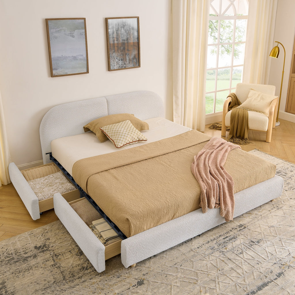 Queen Size Upholstered Bed Frame Modern Minimalist Style - Circle Yarn Fabric, Tall Curved Headboard, Sturdy Leg Support & Wheeled Drawer Storage, Mattress Not Included - Beige - Noventis Home