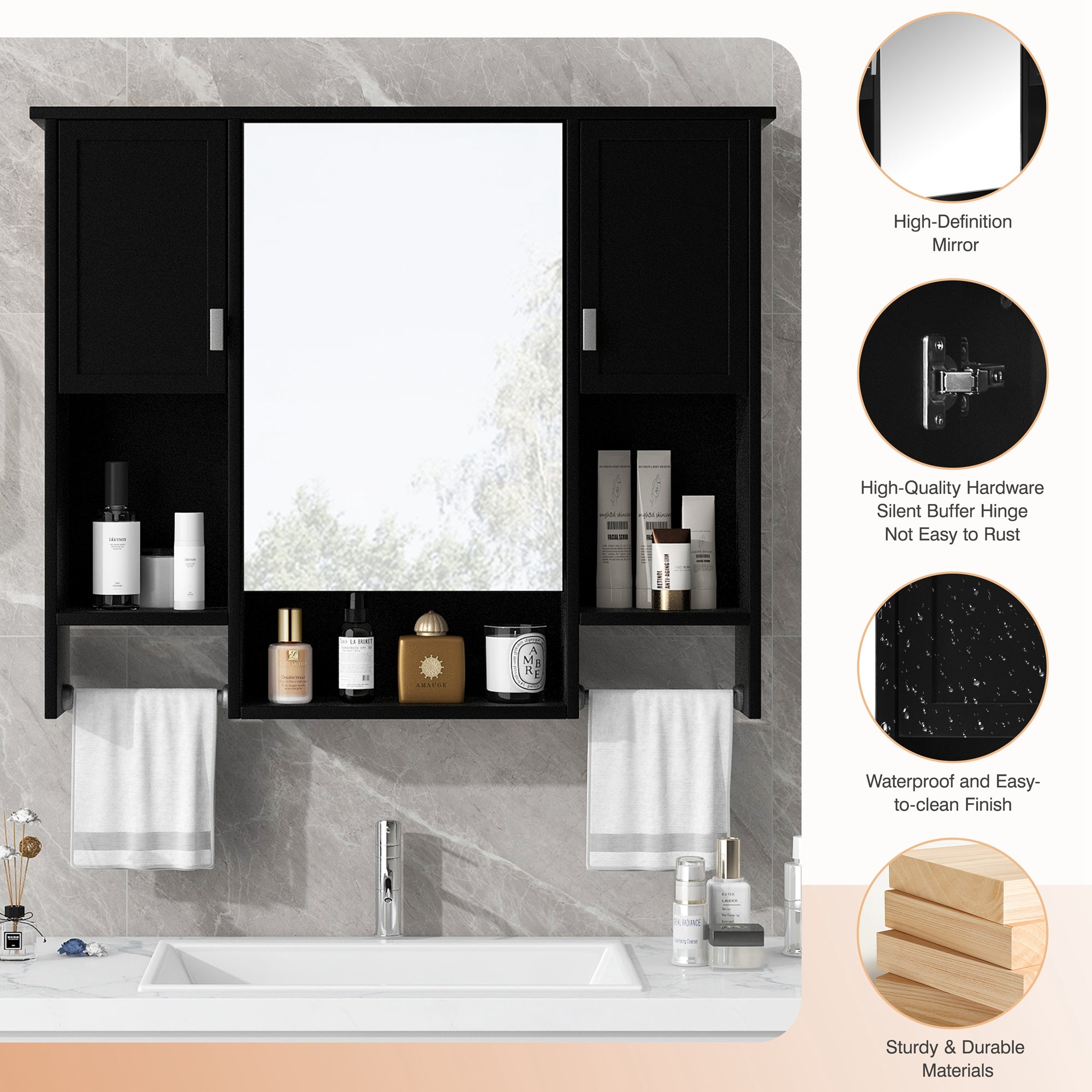 35'' X 28'' Modern Wall Mounted Bathroom Storage Cabinet, Bathroom Wall Cabinet With Mirror, Medicine Cabinet With Towels Bar - Noventis Home