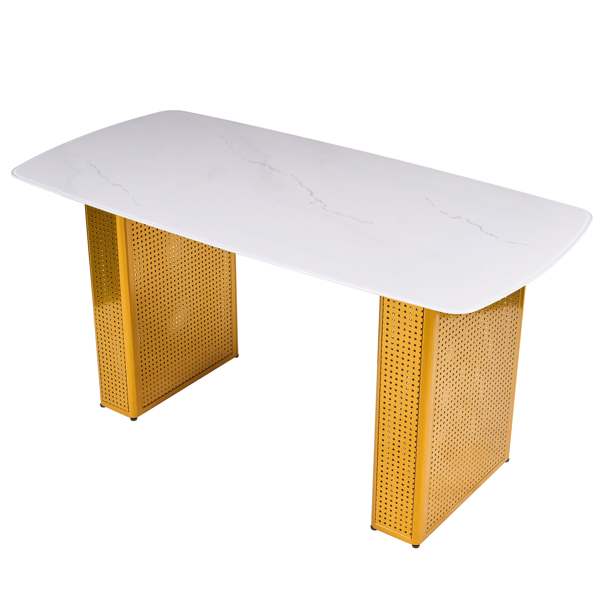 Moderne Rechthoekige Glazen Eettafel met Marmerlook en Gouden Dubbele Metalen Poot, voor Eetkamer & Thuiskantoor