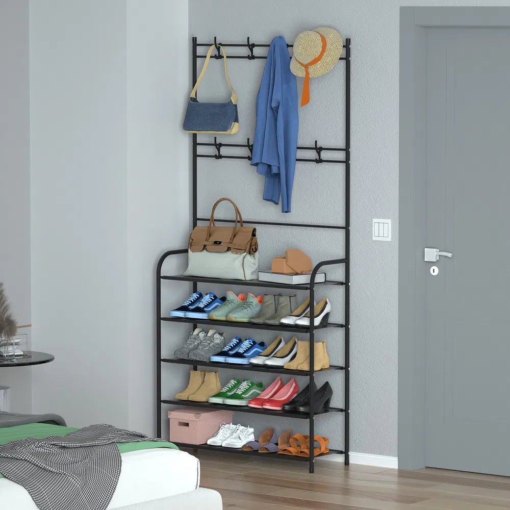 Entryway Coat Hat Rack Garment Shoe Storage Shelf Freestanding Hall Tree Clothing Hanger Stand Clothes Shoe Organizer Combo - Noventis Home