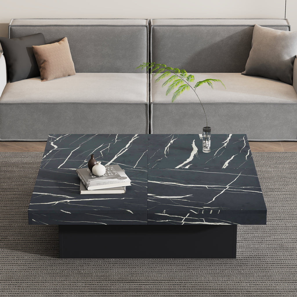 Moderne Vierkante Salontafel met Marmerlook, 4 Schuiflades, 90x90x25 cm, Zwart