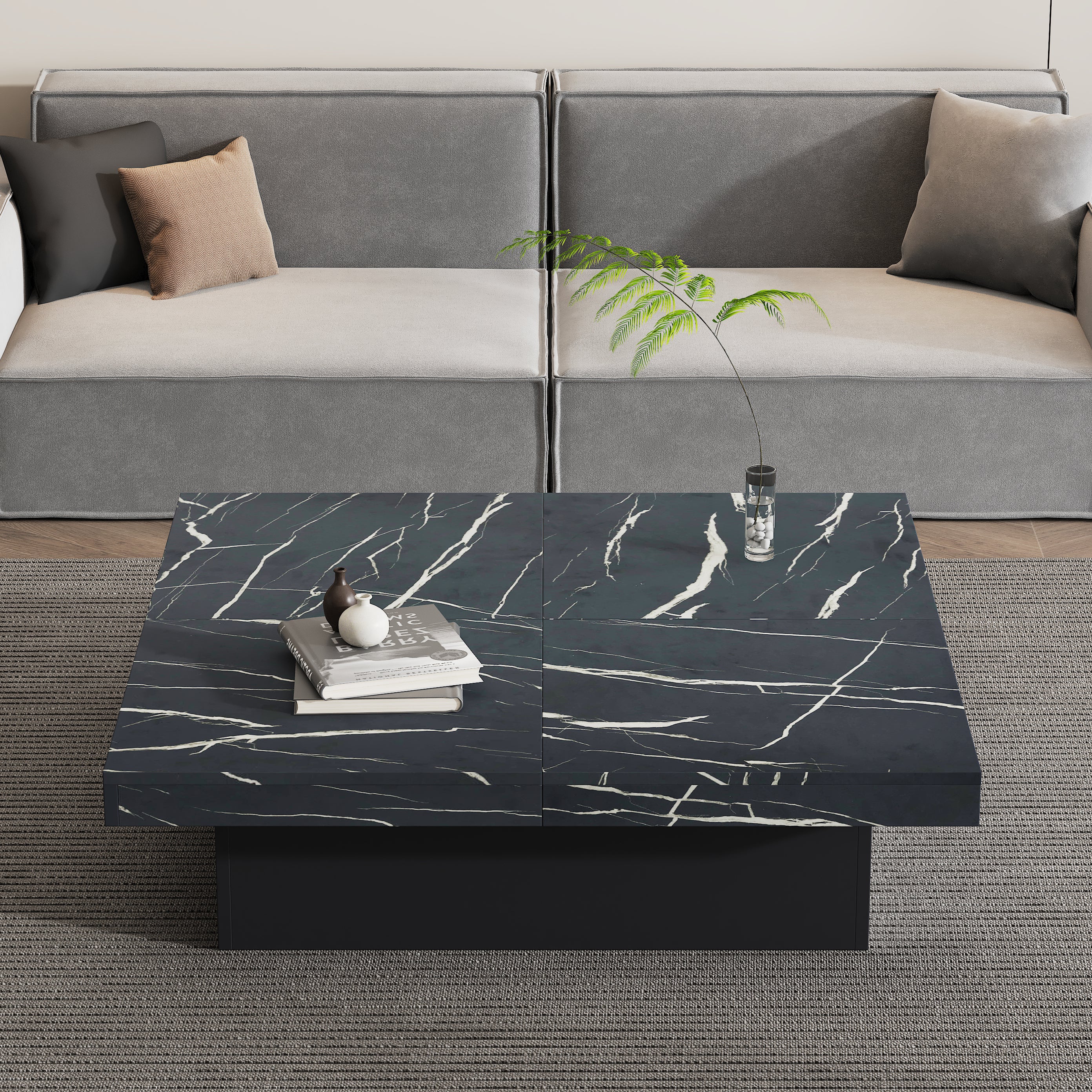 Moderne Vierkante Salontafel met Marmerlook, 4 Schuiflades, 90x90x25 cm, Zwart