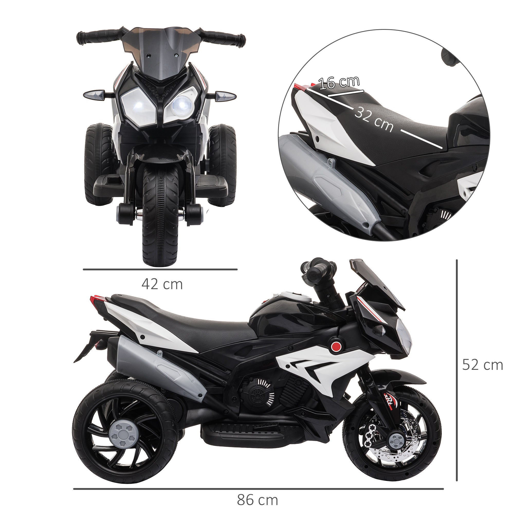 Elektrische Kinder Motorfiets, 3 Wielen, Muziek, Toeter en Verlichting, Zwart