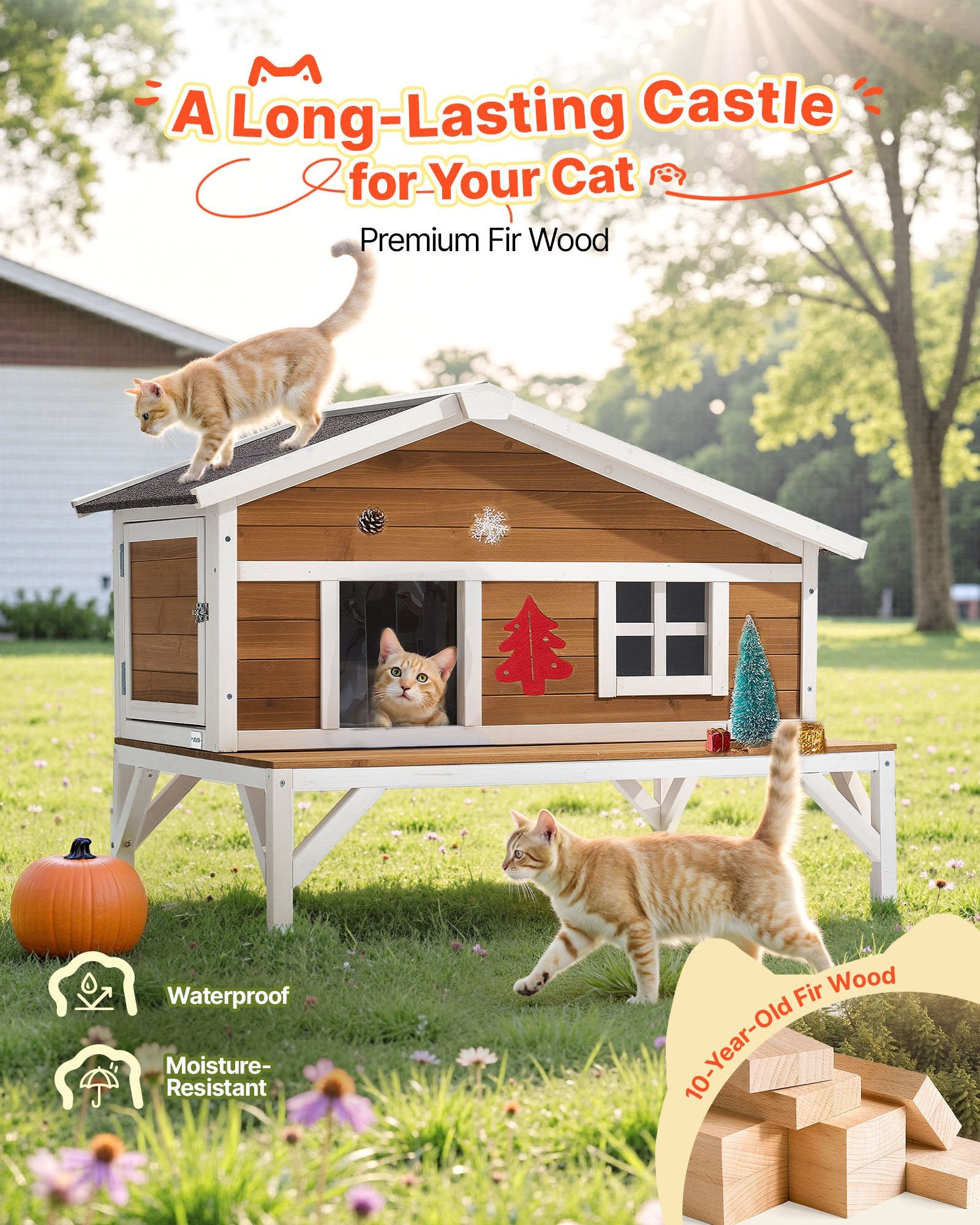 Insulated Cat House, All - Around Foam Insulation Elevated Cat Shelter, Wooden Feral Kitty Shelter With Large Platform, Waterproof Cats Condos For Indoor & Outdoor Cats In Winter 43.5x33.5x31 In - Noventis Home