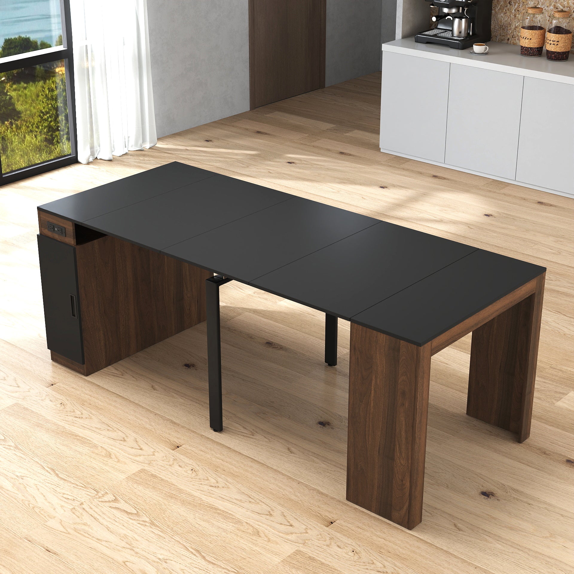 Moderne Multifunctionele Uitschuifbare Eettafel met Stopcontact en Opbergruimte, voor Feesten, Vergaderingen en Vieringen